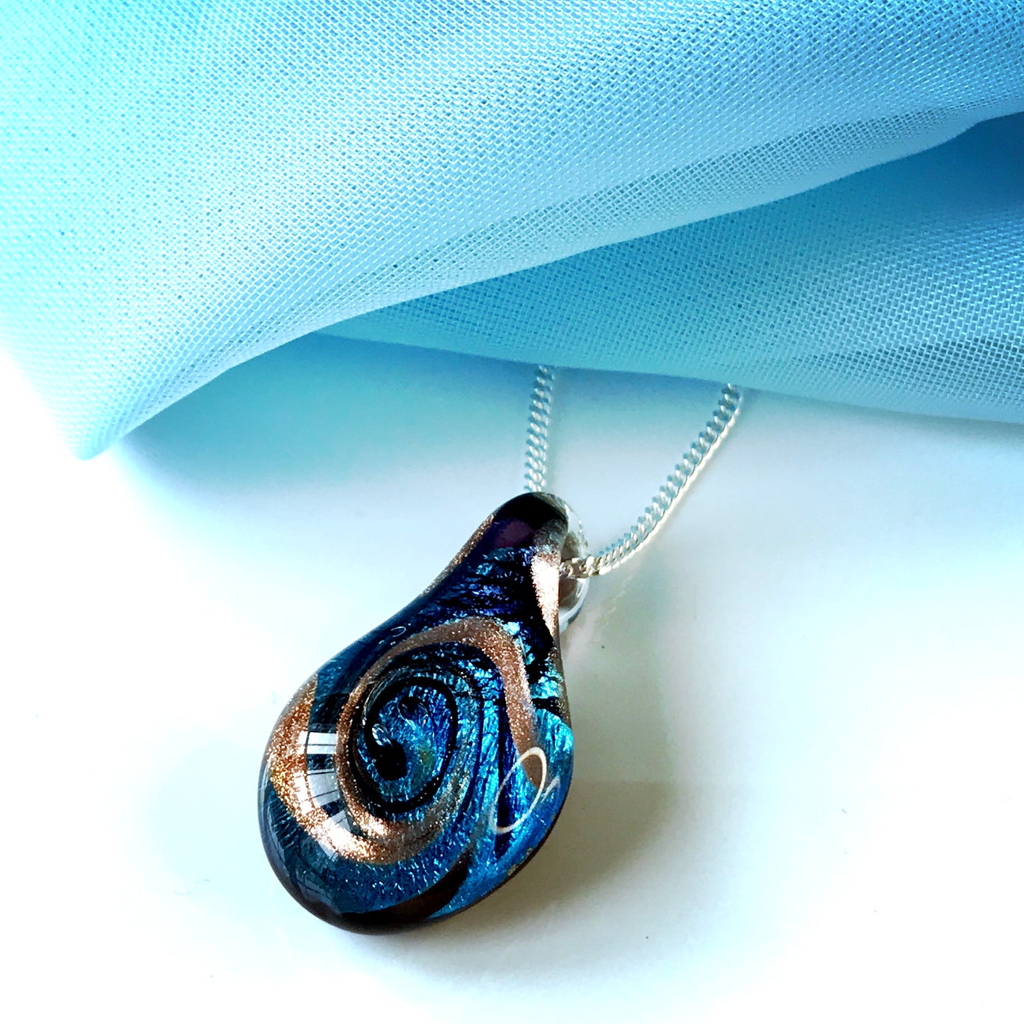 Blue real Murano glass tear drop necklace pendant including chain