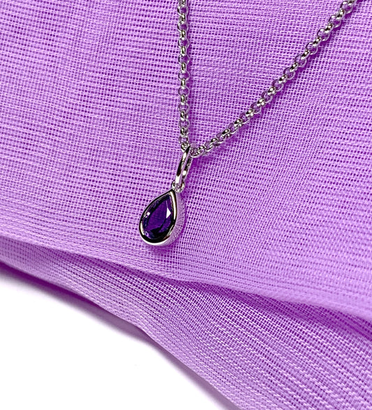 Pear shaped necklace set with a real amethyst stone sterling silver including chain