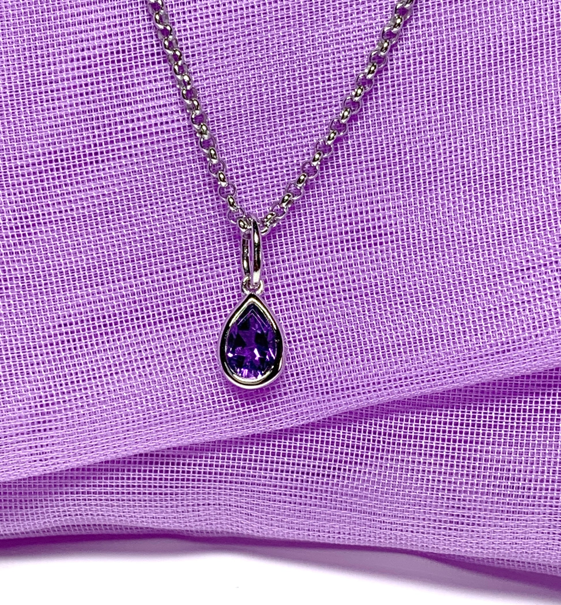 Pear shaped necklace set with a real amethyst stone sterling silver including chain