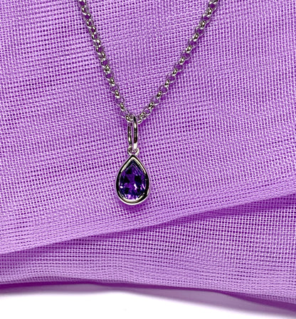 Pear shaped necklace set with a real amethyst stone sterling silver including chain