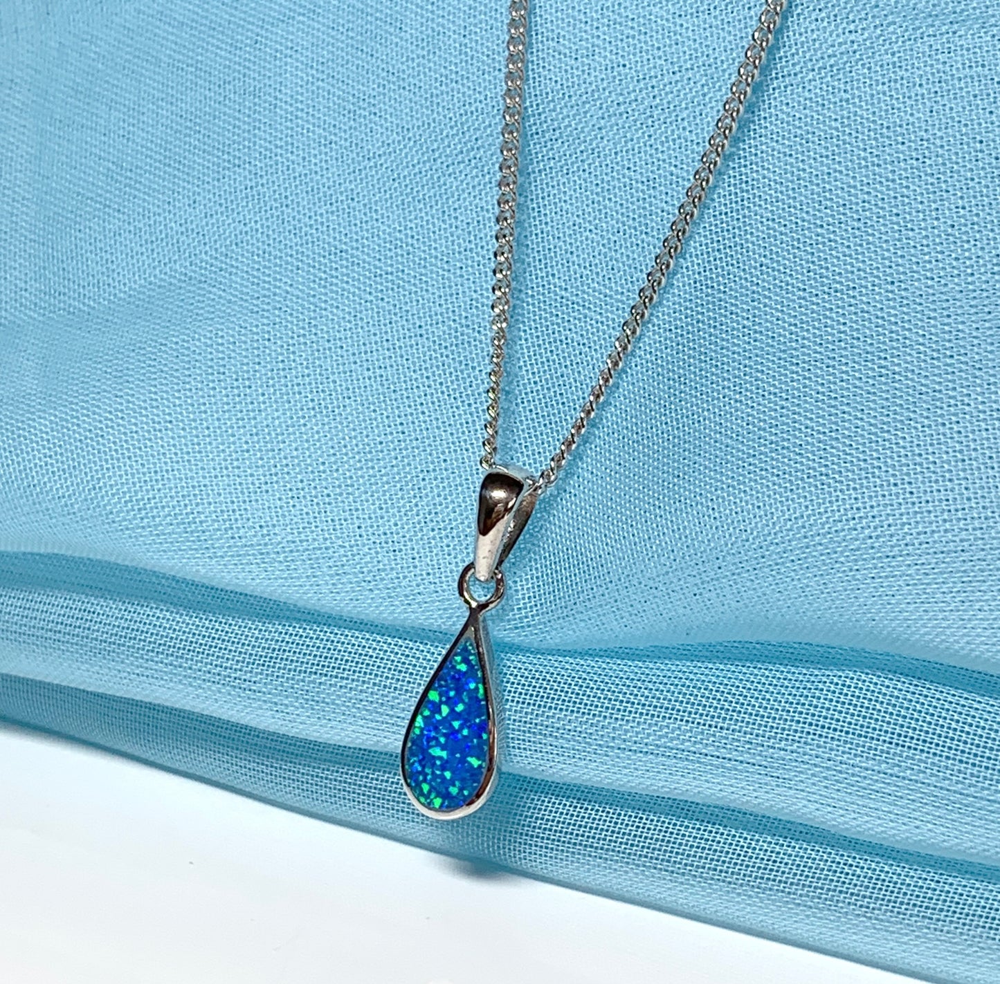 Pear shaped necklace teardrop sterling silver blue dark opal pendant