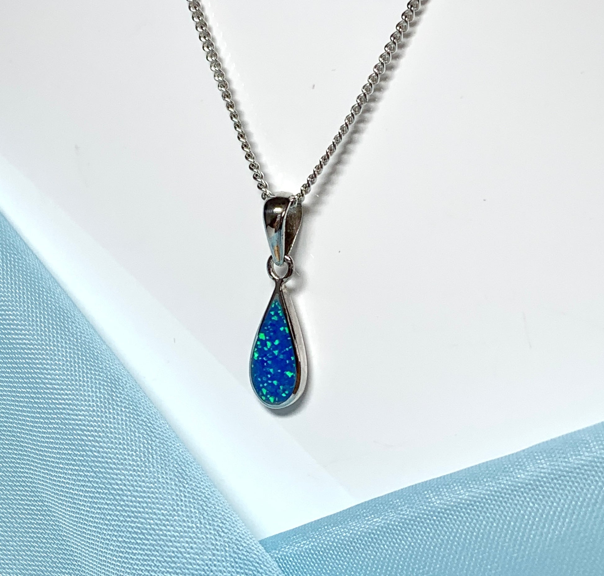 Pear shaped necklace teardrop sterling silver blue dark opal pendant