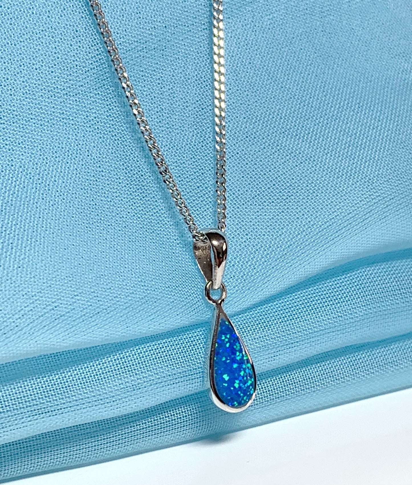 Pear shaped necklace teardrop sterling silver blue dark opal pendant