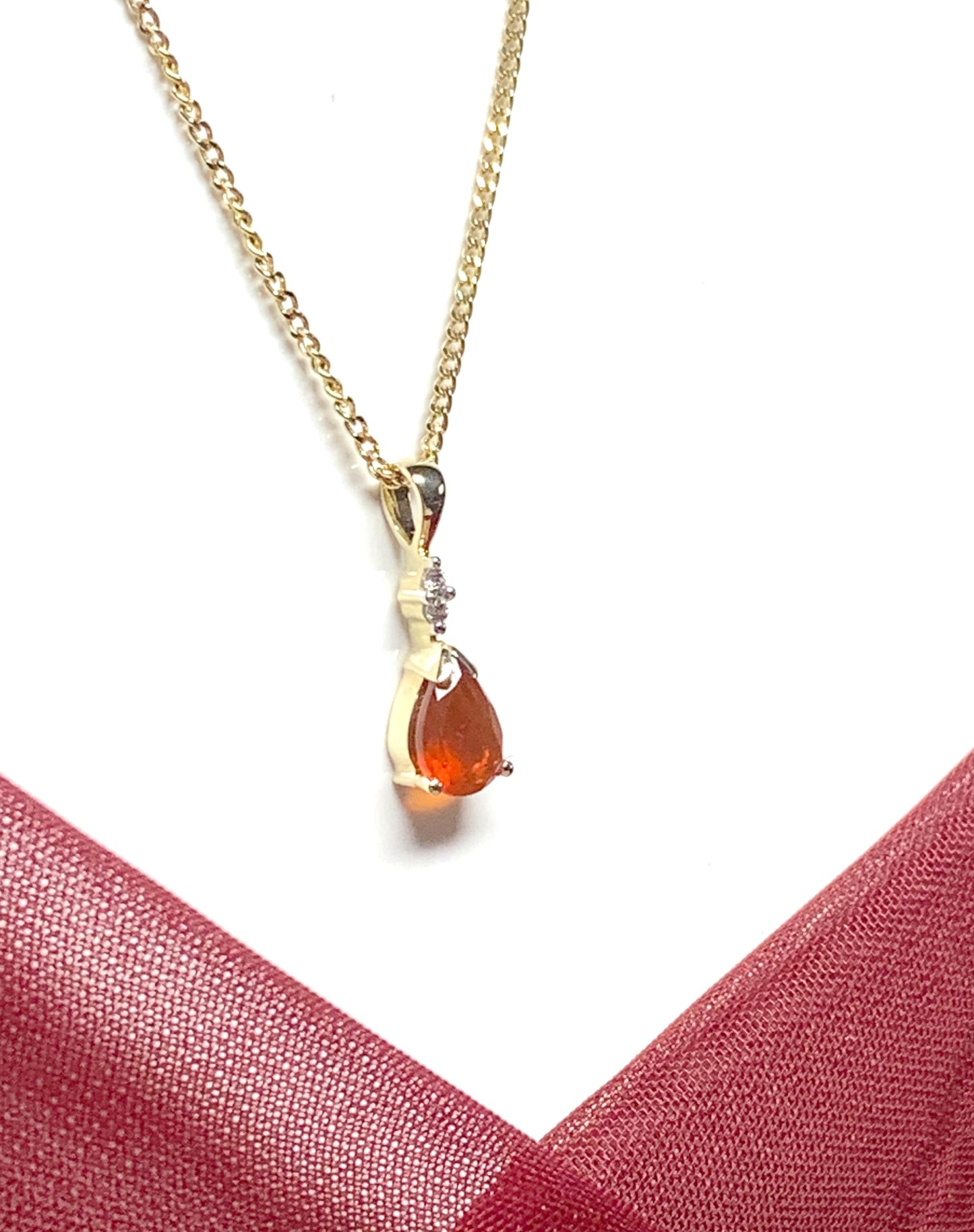 Pear shaped orange real fire opal and diamond yellow gold necklace