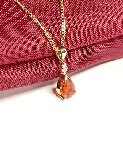 Pear shaped orange real fire opal and diamond yellow gold necklace