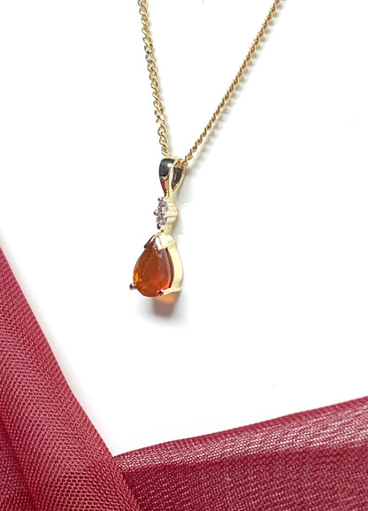 Pear shaped orange real fire opal and diamond yellow gold necklace