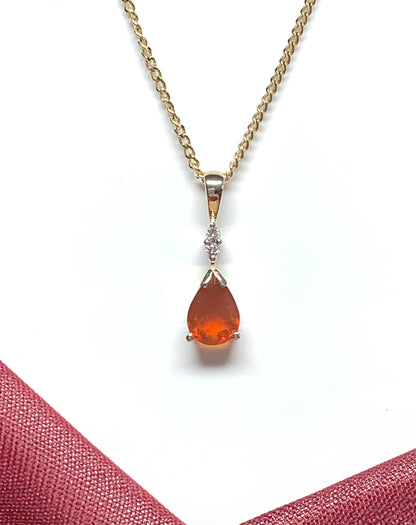 Pear shaped orange real fire opal and diamond yellow gold necklace