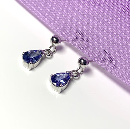 Pear shaped real tanzanite white gold drop earrings