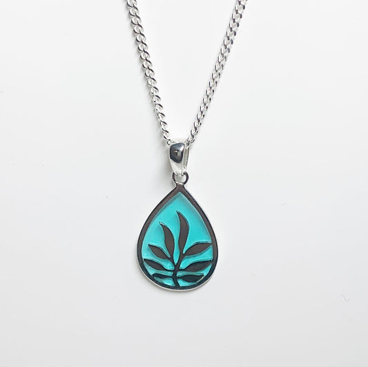Pear shaped turquoise coloured enamelled glass sterling silver necklace