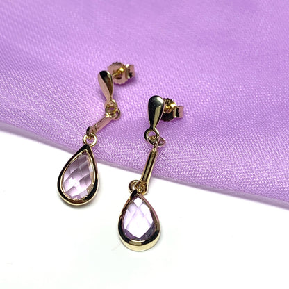 Pear shaped purple amethyst yellow gold drop earrings