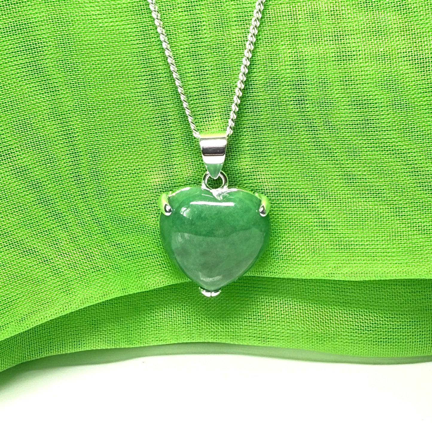 Pendant heart shape sterling silver real green jade stone necklace with a chain
