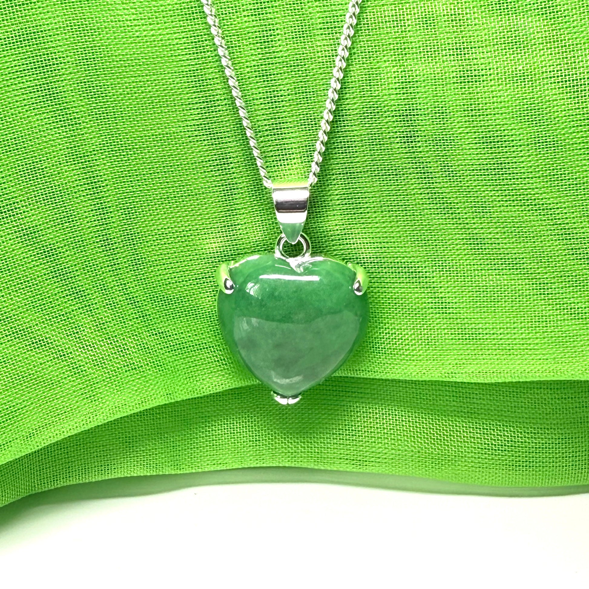Pendant heart shape sterling silver real green jade stone necklace with a chain