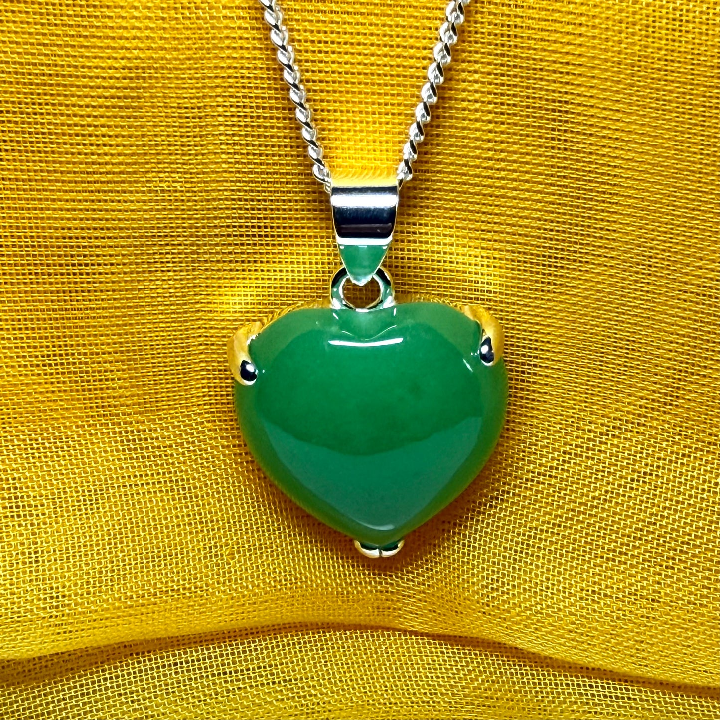 Pendant heart shape sterling silver real green jade stone necklace with a chain included as well