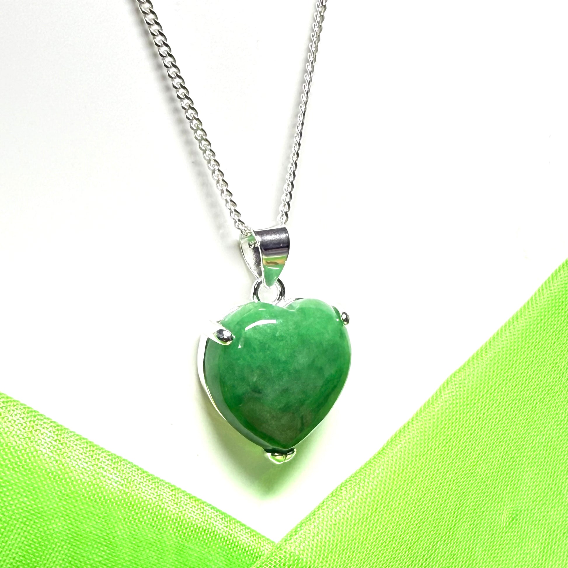 Pendant heart shape sterling silver real green jade stone necklace with a chain