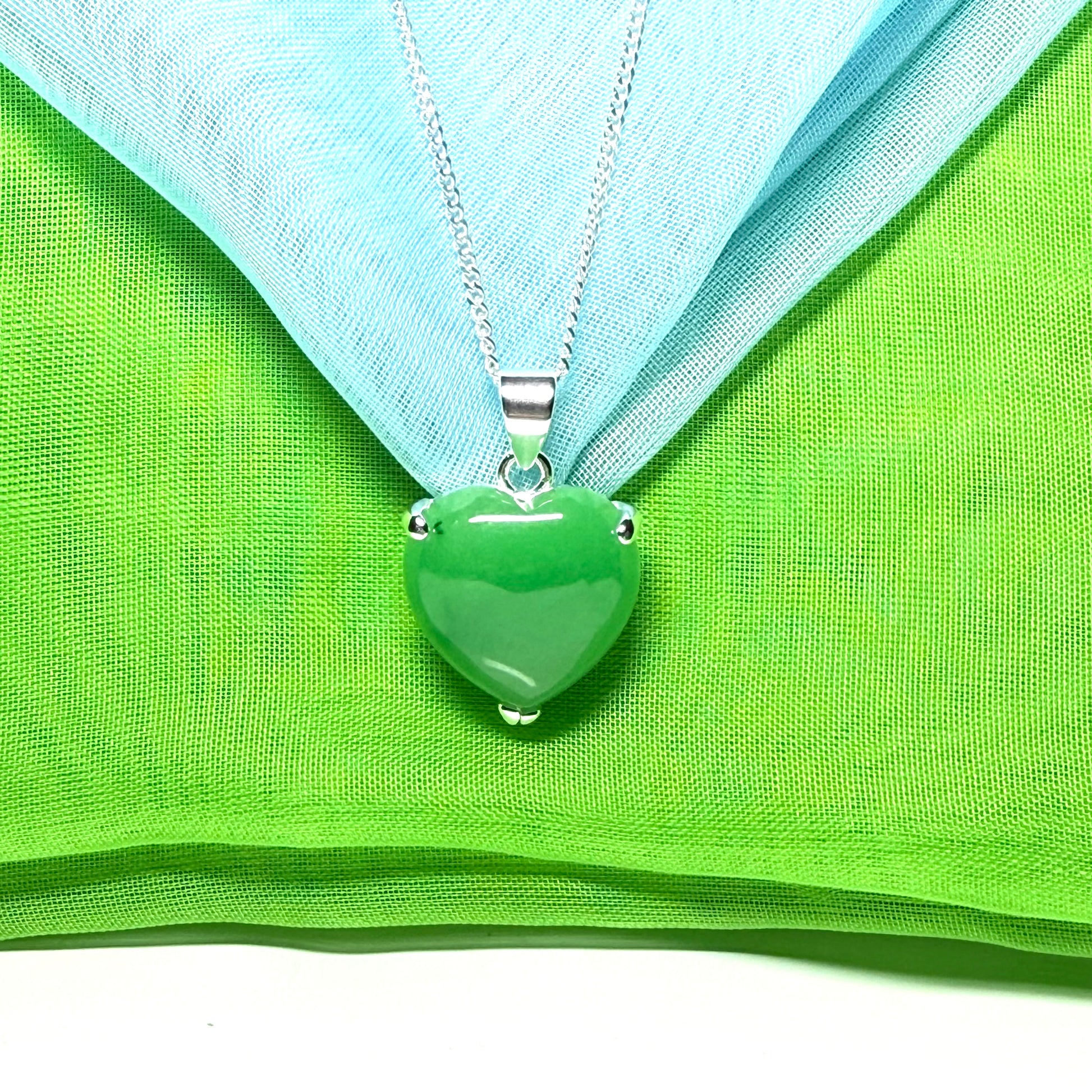Pendant heart shape sterling silver real green jade stone necklace with a chain included as well