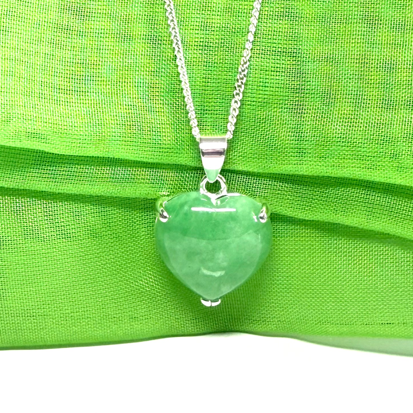 Pendant heart shape sterling silver real green jade stone necklace with a chain included as well