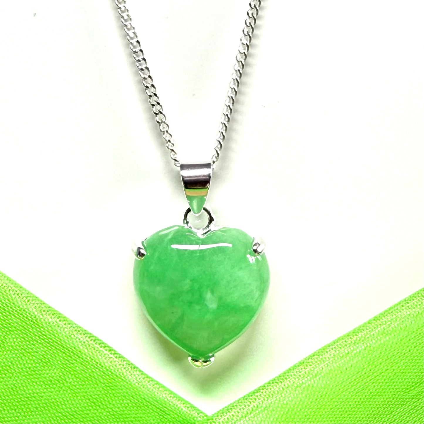 Pendant heart shape sterling silver real green jade stone necklace with a chain included as well