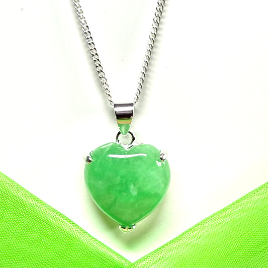 Pendant heart shape sterling silver real green jade stone necklace with a chain included as well