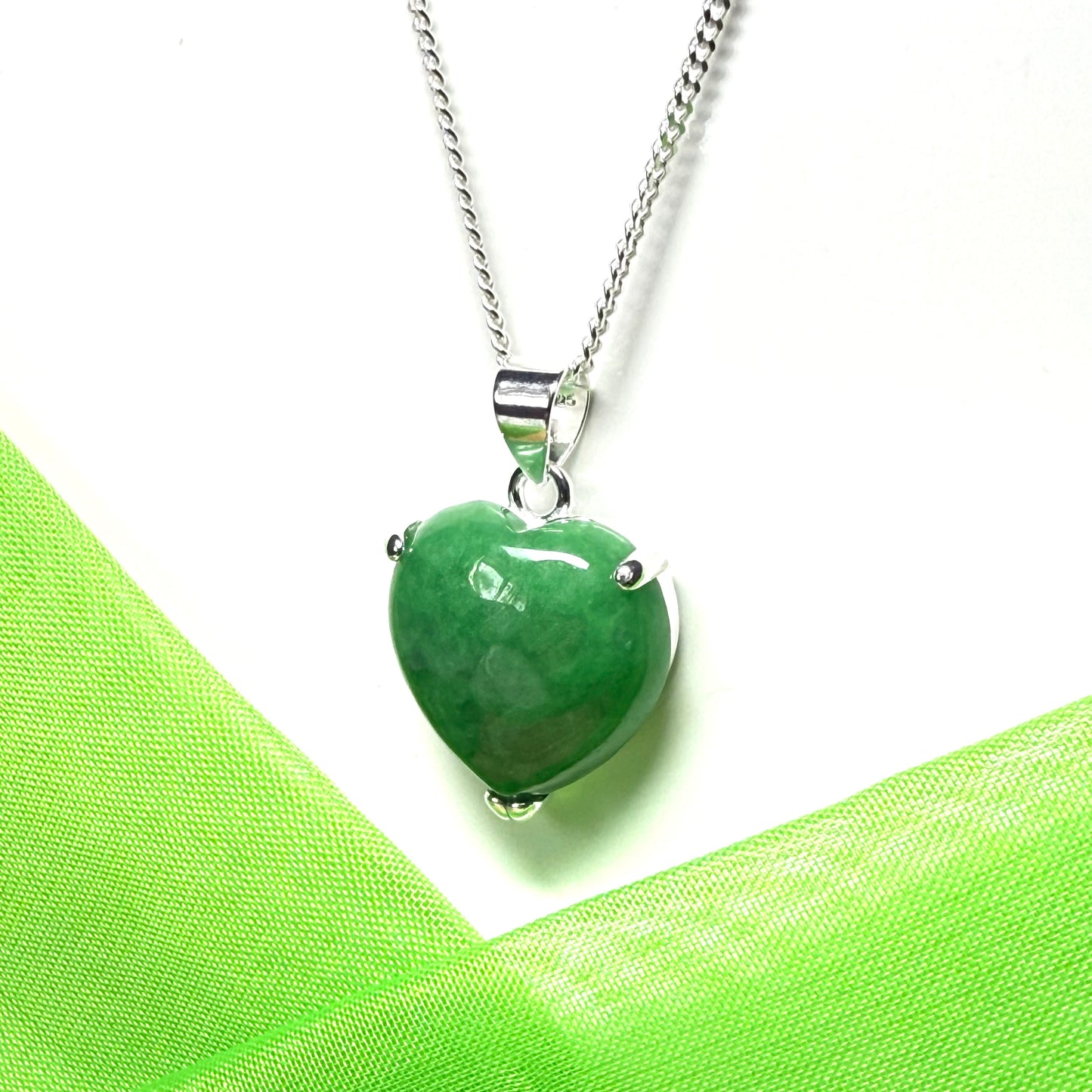 Pendant heart shape sterling silver real green jade stone necklace with a chain
