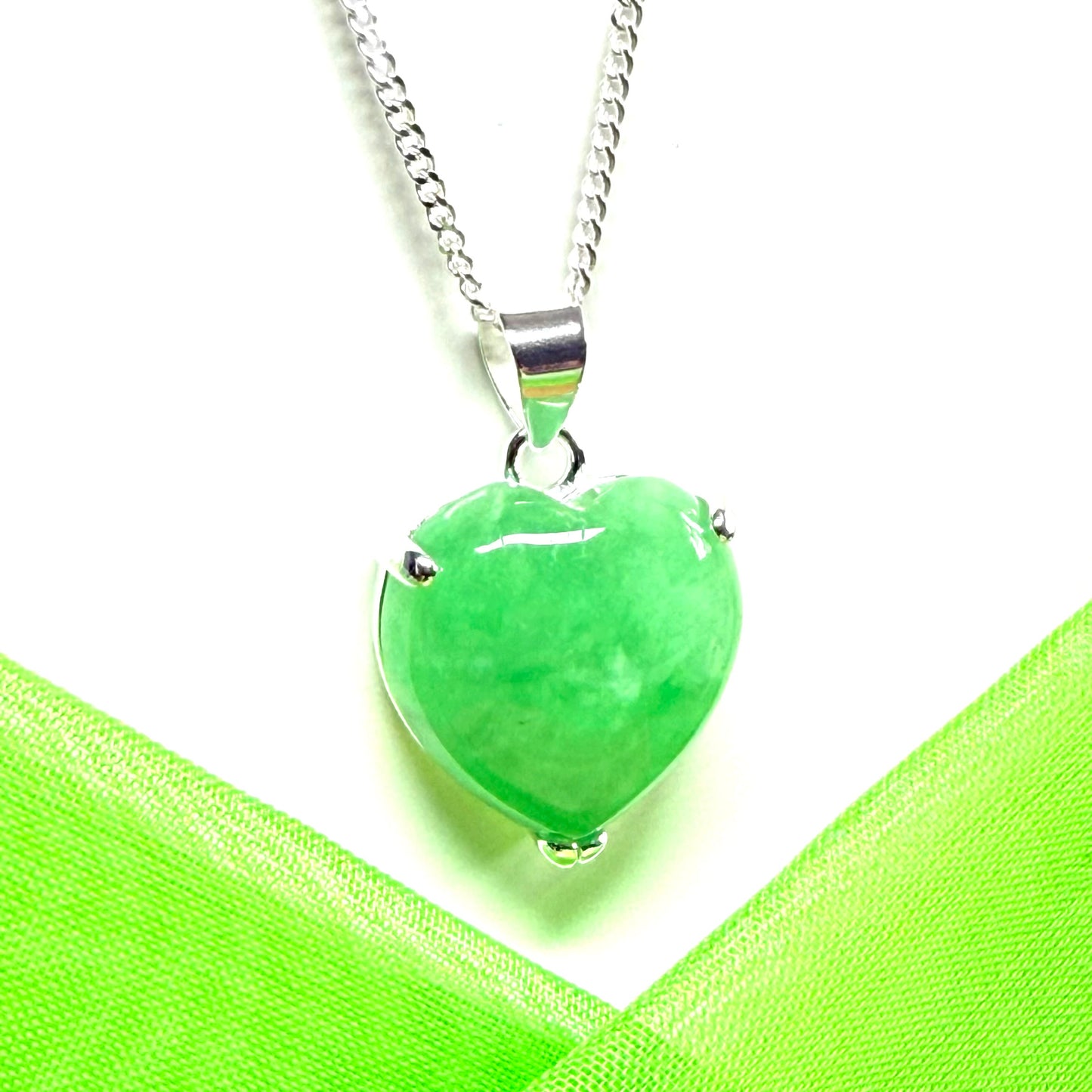 Pendant heart shape sterling silver real green jade stone necklace with a chain included as well