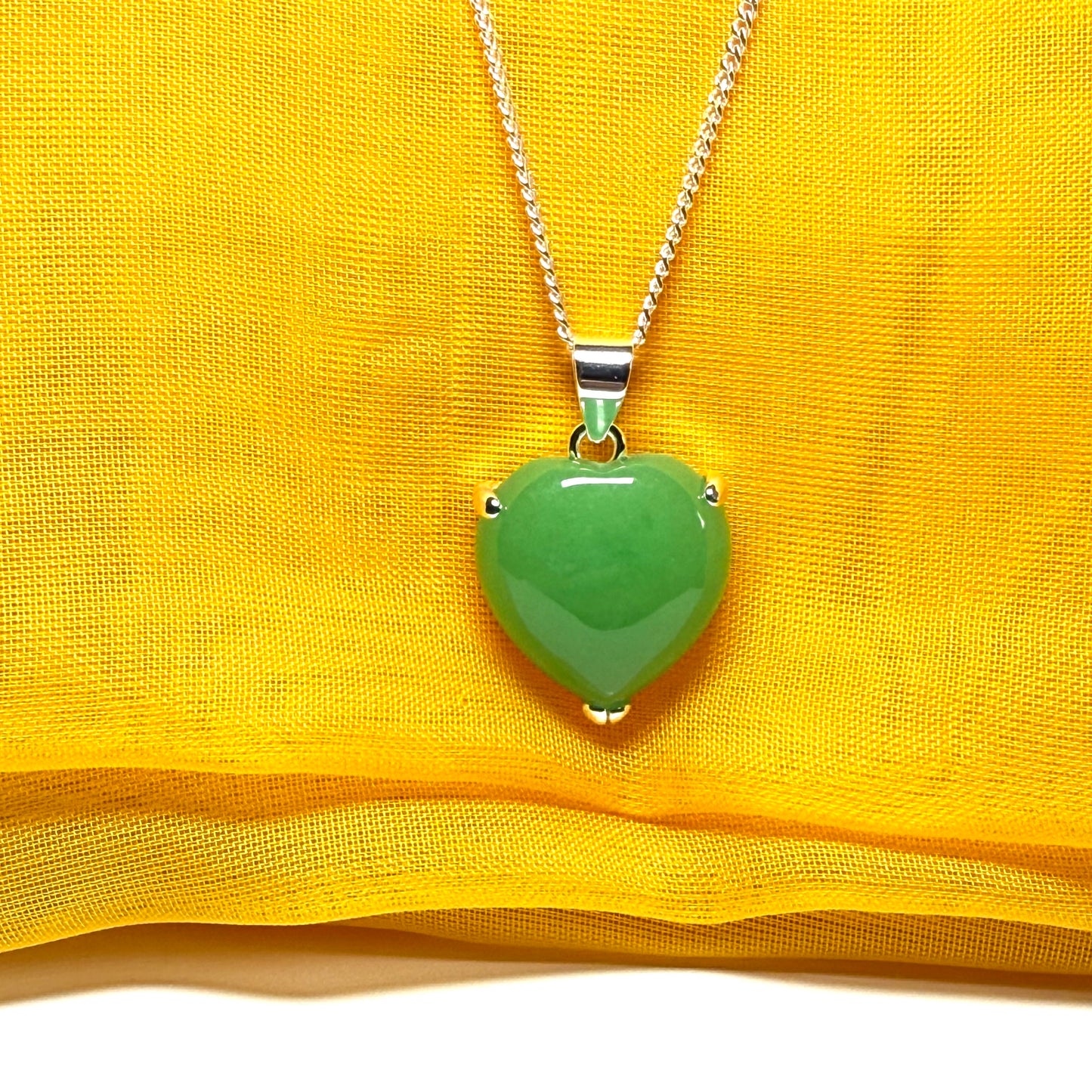 Pendant heart shape sterling silver real green jade stone necklace with a chain included as well