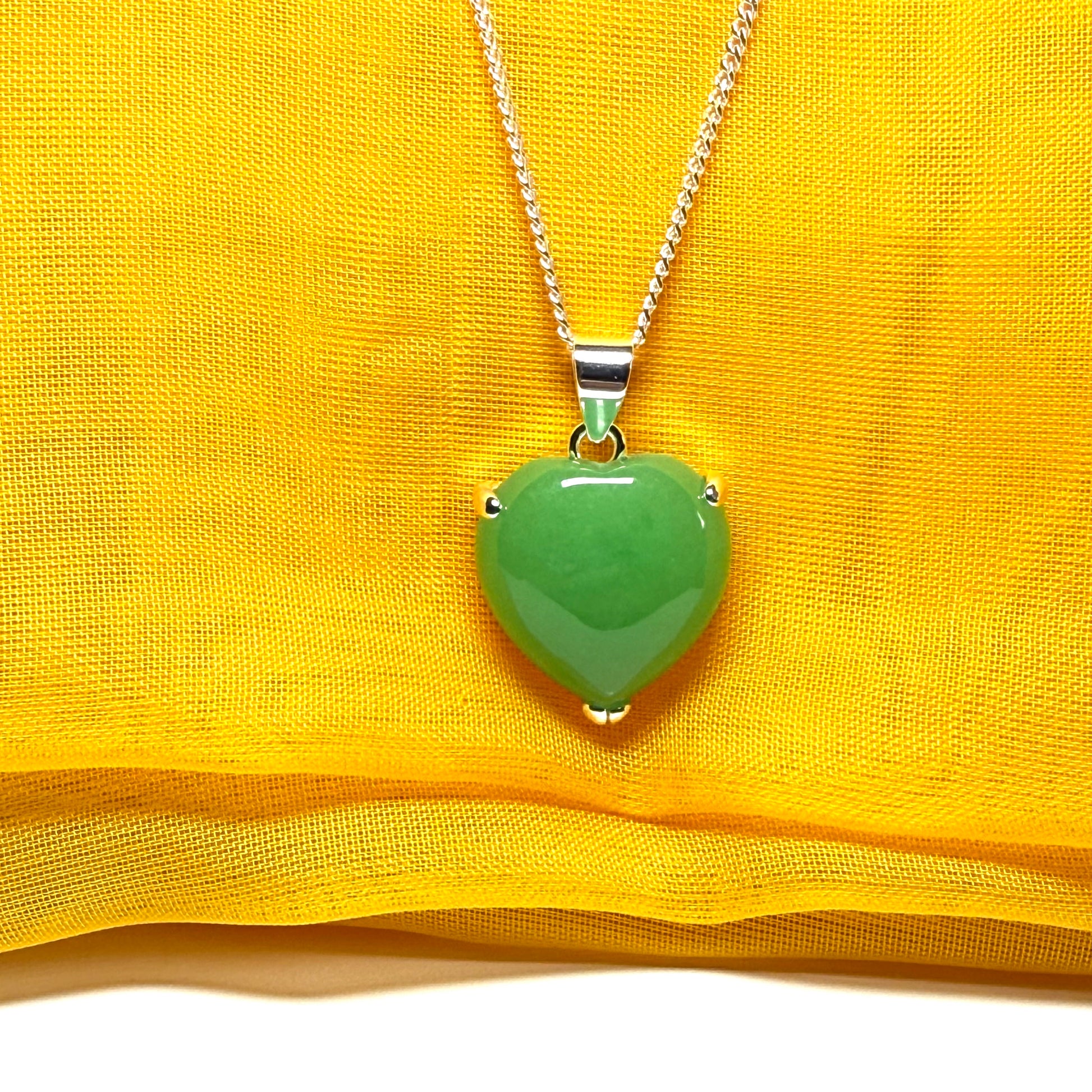 Pendant heart shape sterling silver real green jade stone necklace with a chain included as well