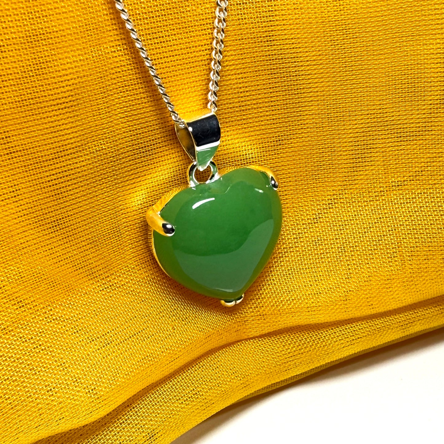 Pendant heart shape sterling silver real green jade stone necklace with a chain included as well