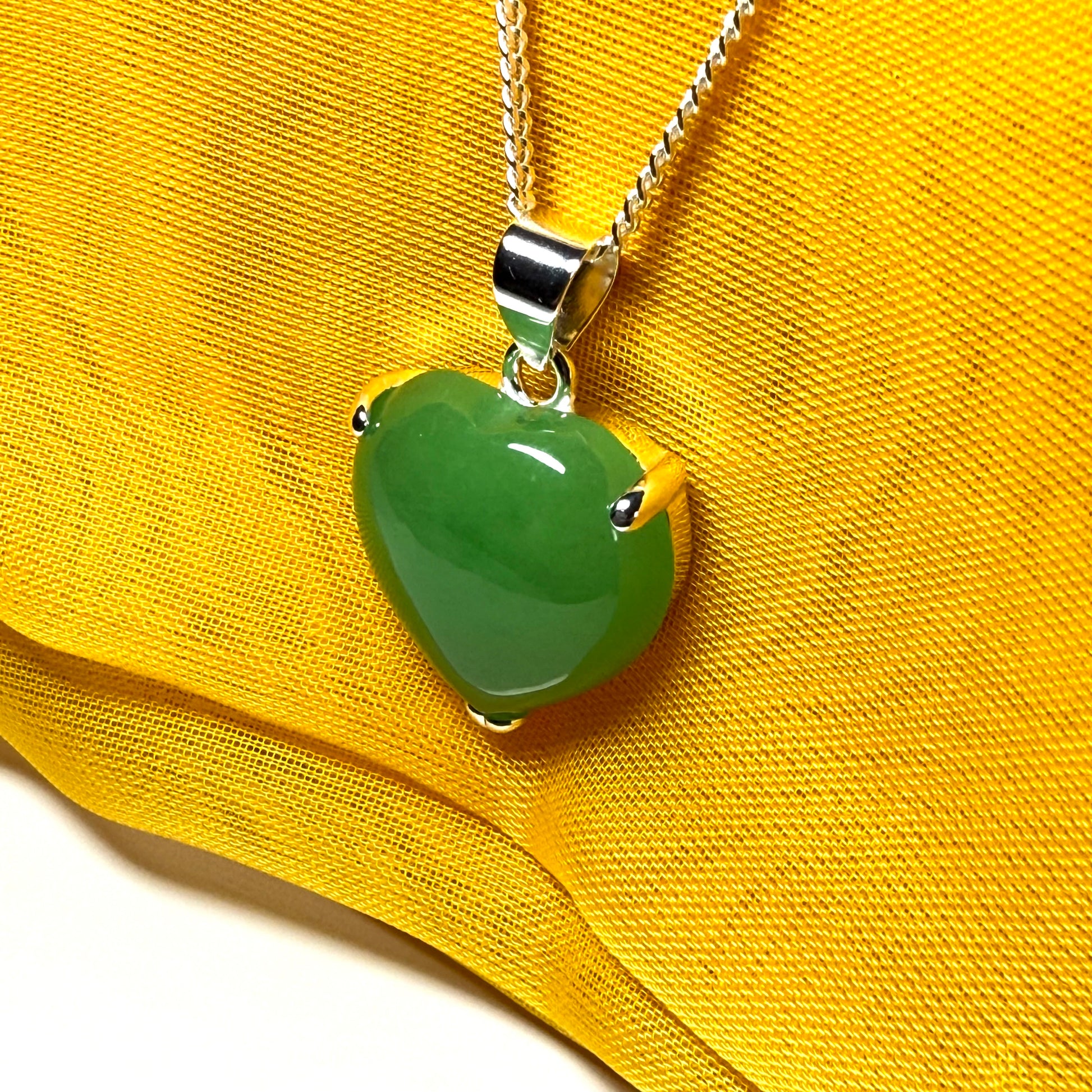 Pendant heart shape sterling silver real green jade stone necklace with a chain included as well