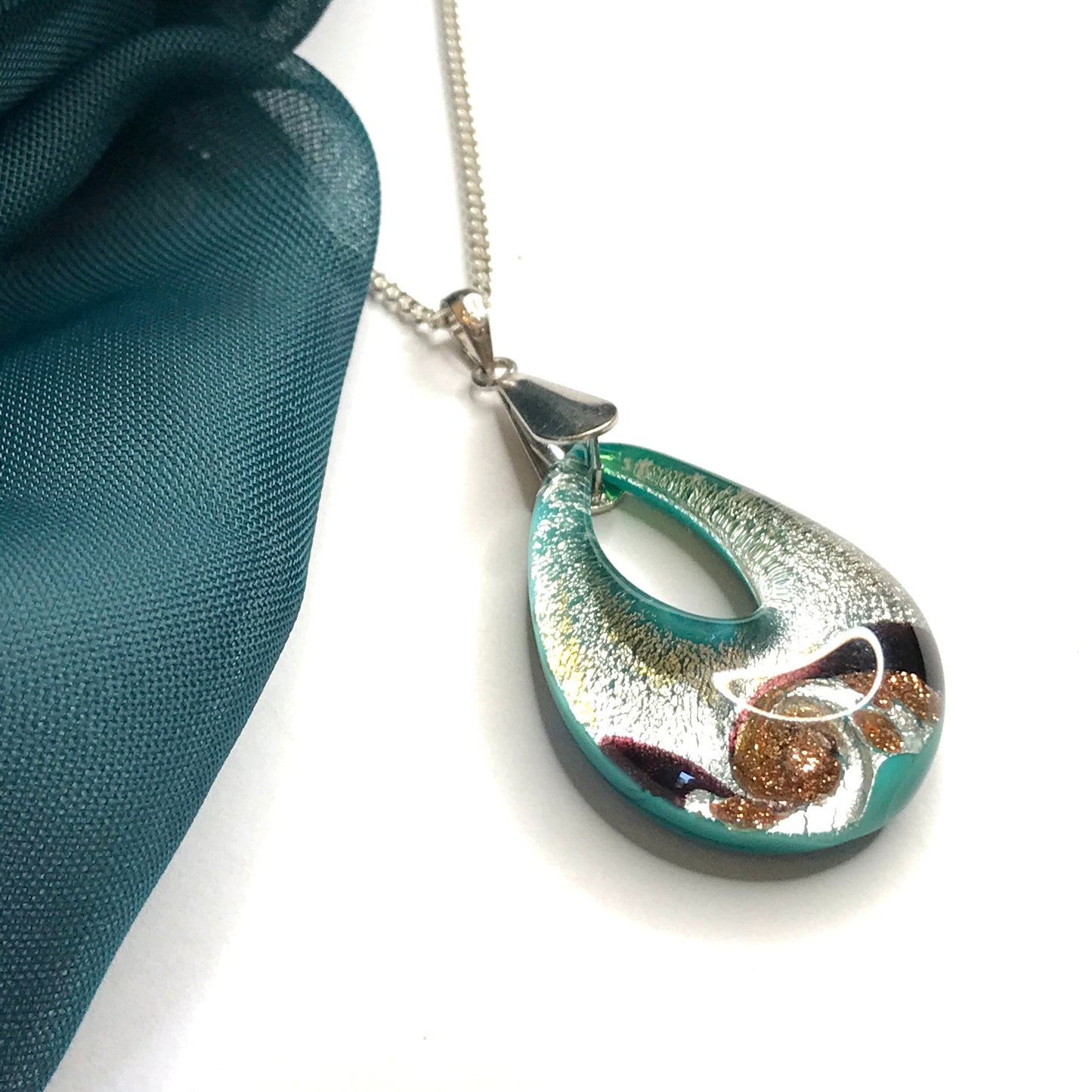 Jade Murano glass green open teardrop pear shaped necklace