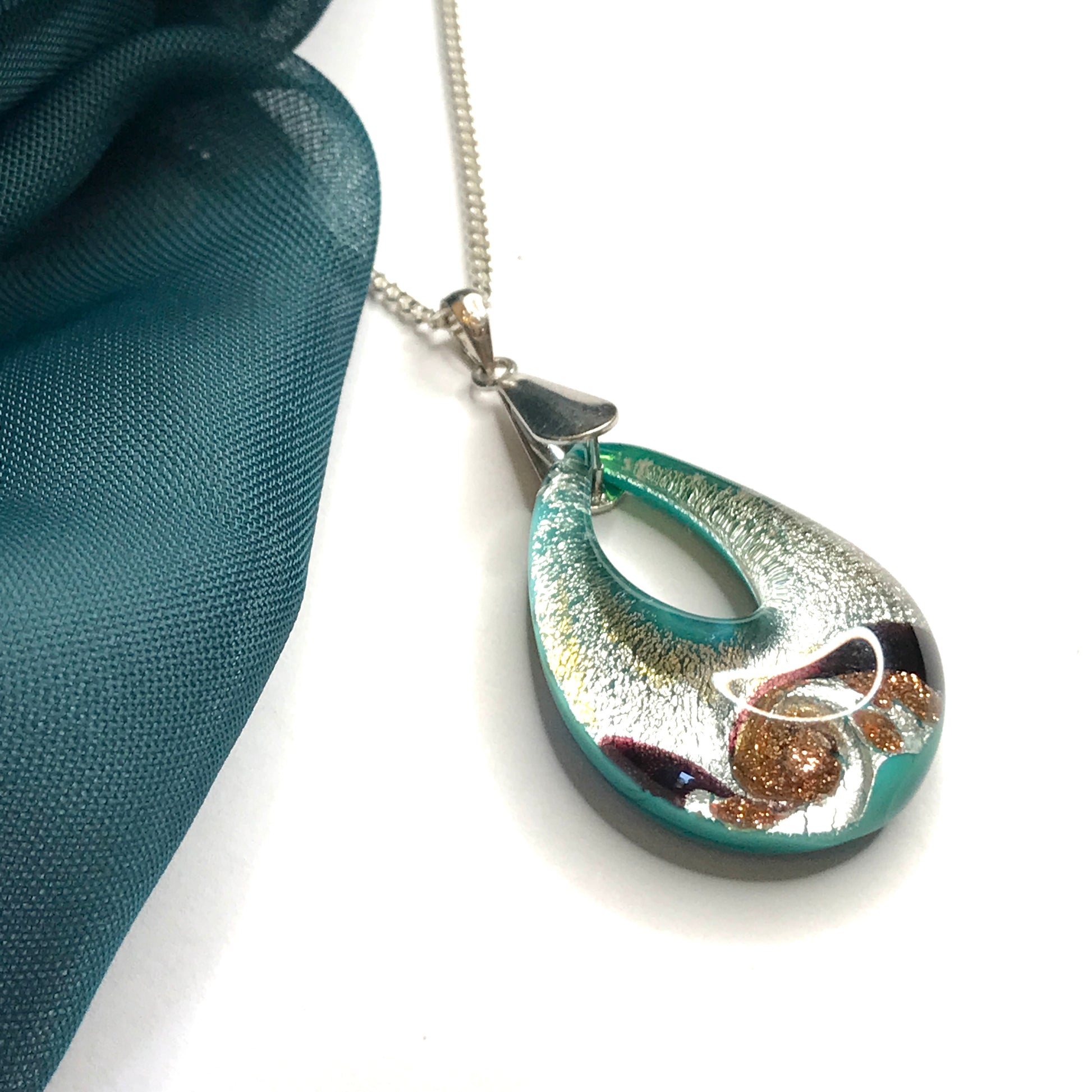 Jade Murano glass green open teardrop pear shaped necklace