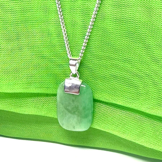 Pendant necklace having a real green jade stone sterling silver cushion shaped with a chain