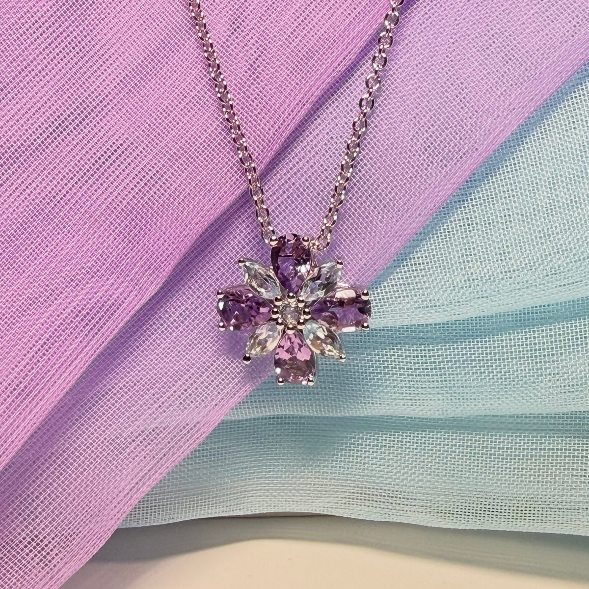 Pendant real amethyst and real blue topaz fancy spray necklace