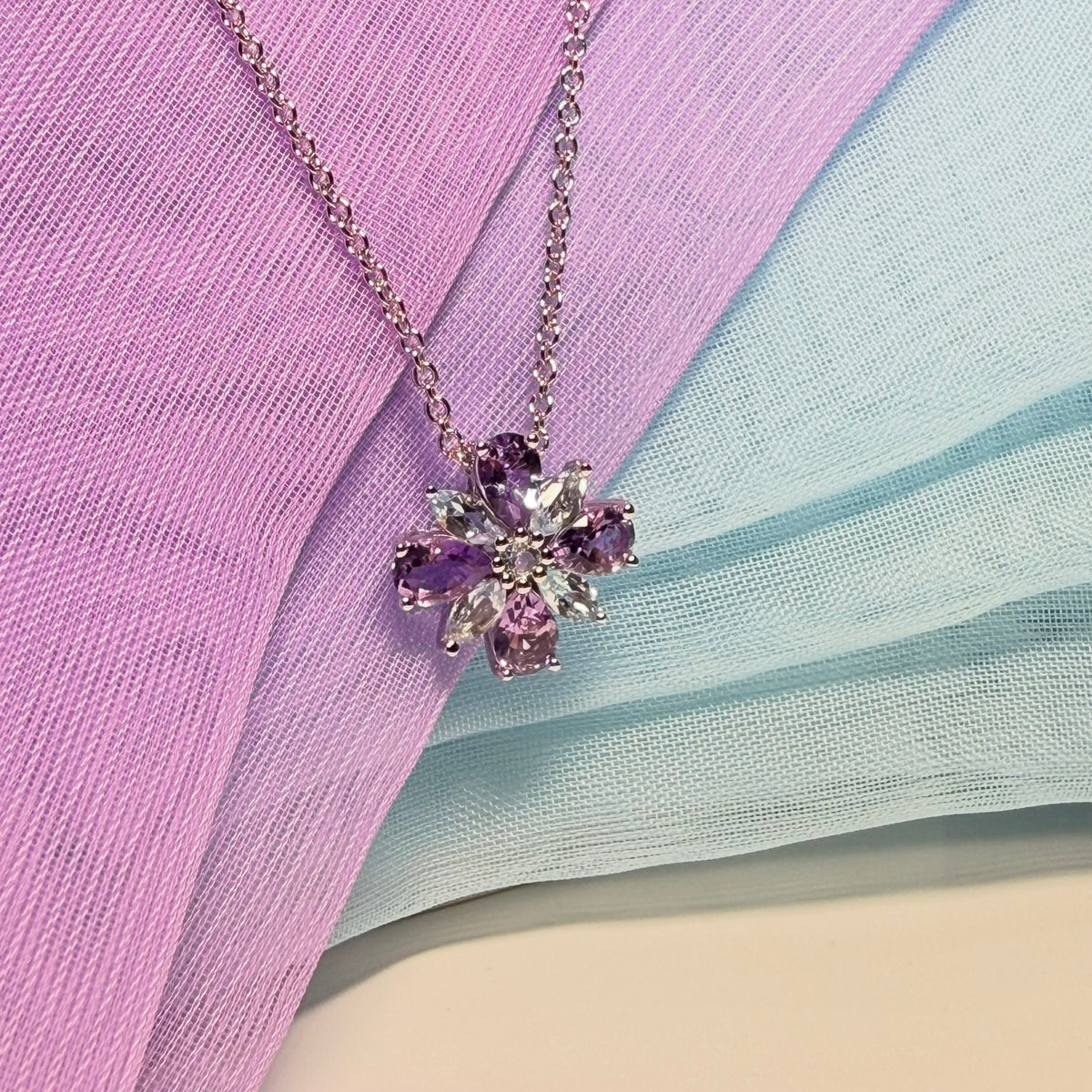 Pendant real amethyst and real blue topaz fancy spray necklace