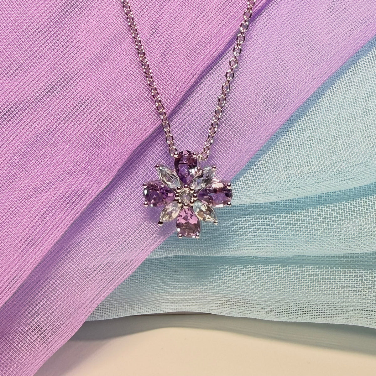 Pendant real amethyst and real blue topaz fancy spray necklace