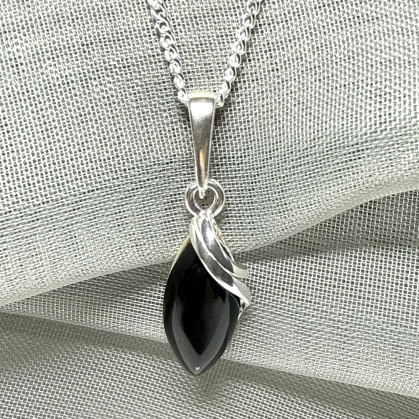 Pendant real black jet marquise shaped sterling silver necklace