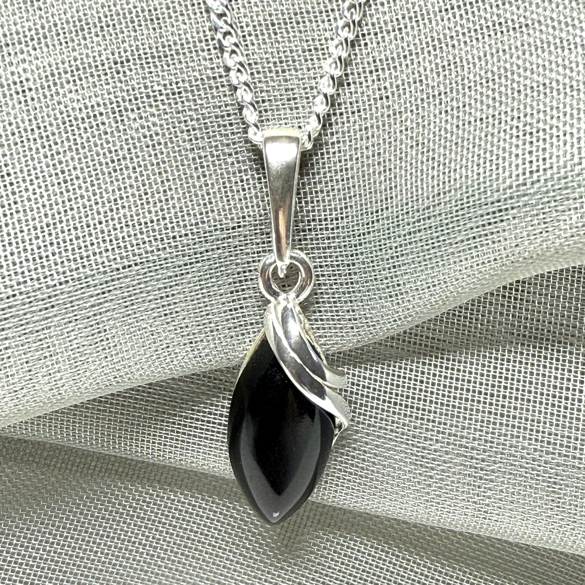 Pendant real black jet marquise shaped sterling silver necklace