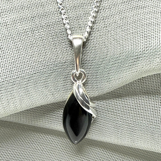 Pendant real black jet marquise shaped sterling silver necklace