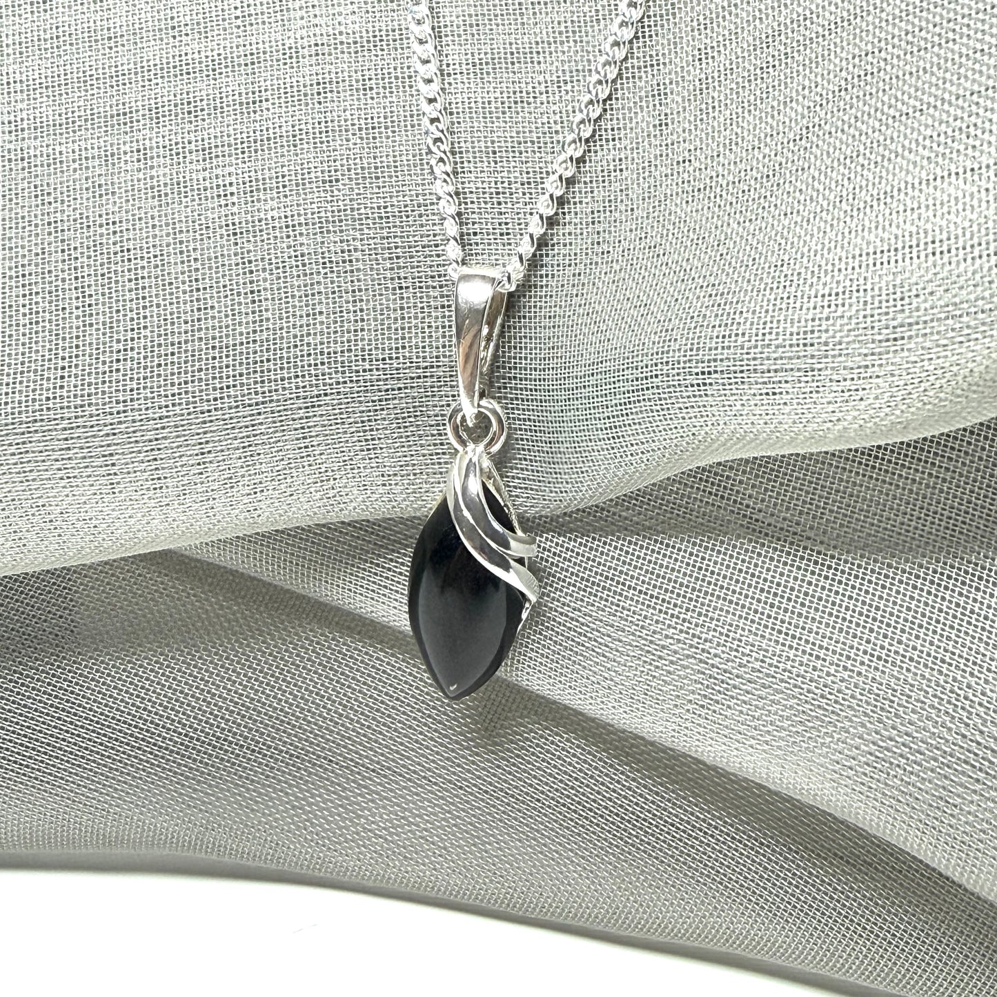 Pendant real black jet marquise shaped sterling silver necklace