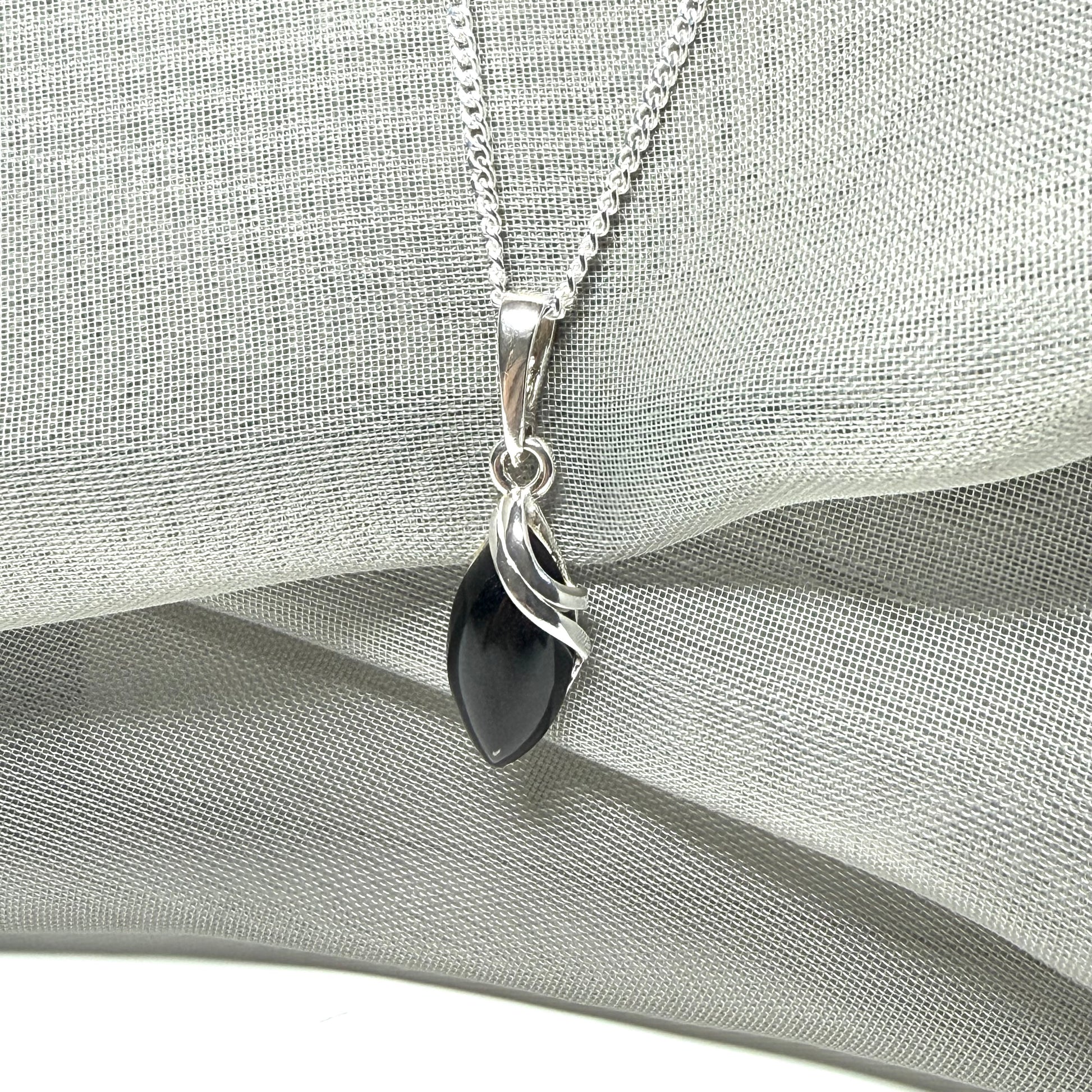 Pendant real black jet marquise shaped sterling silver necklace