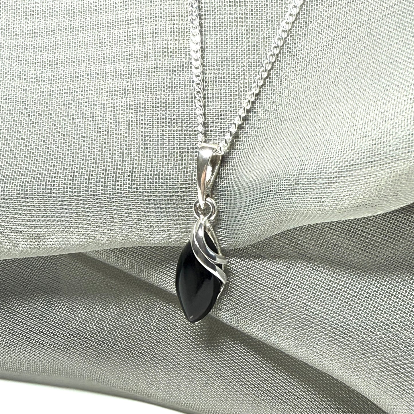 Pendant real black jet marquise shaped sterling silver necklace with chain