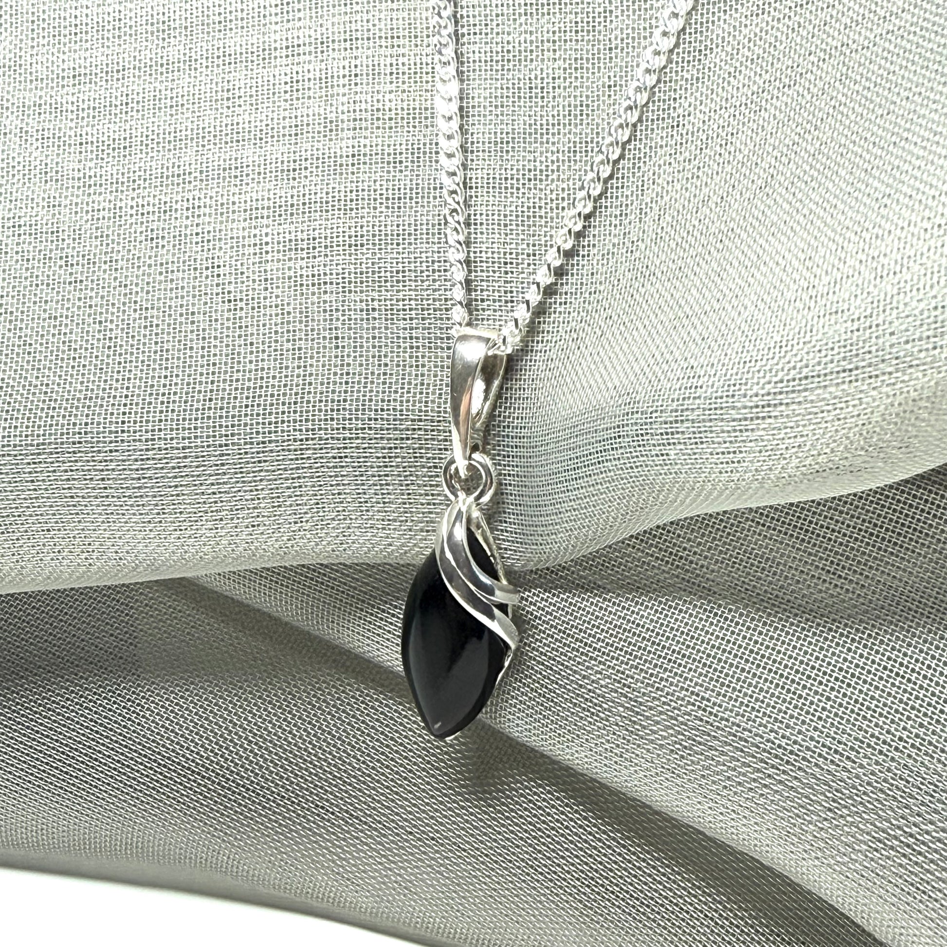 Pendant real black jet marquise shaped sterling silver necklace with chain