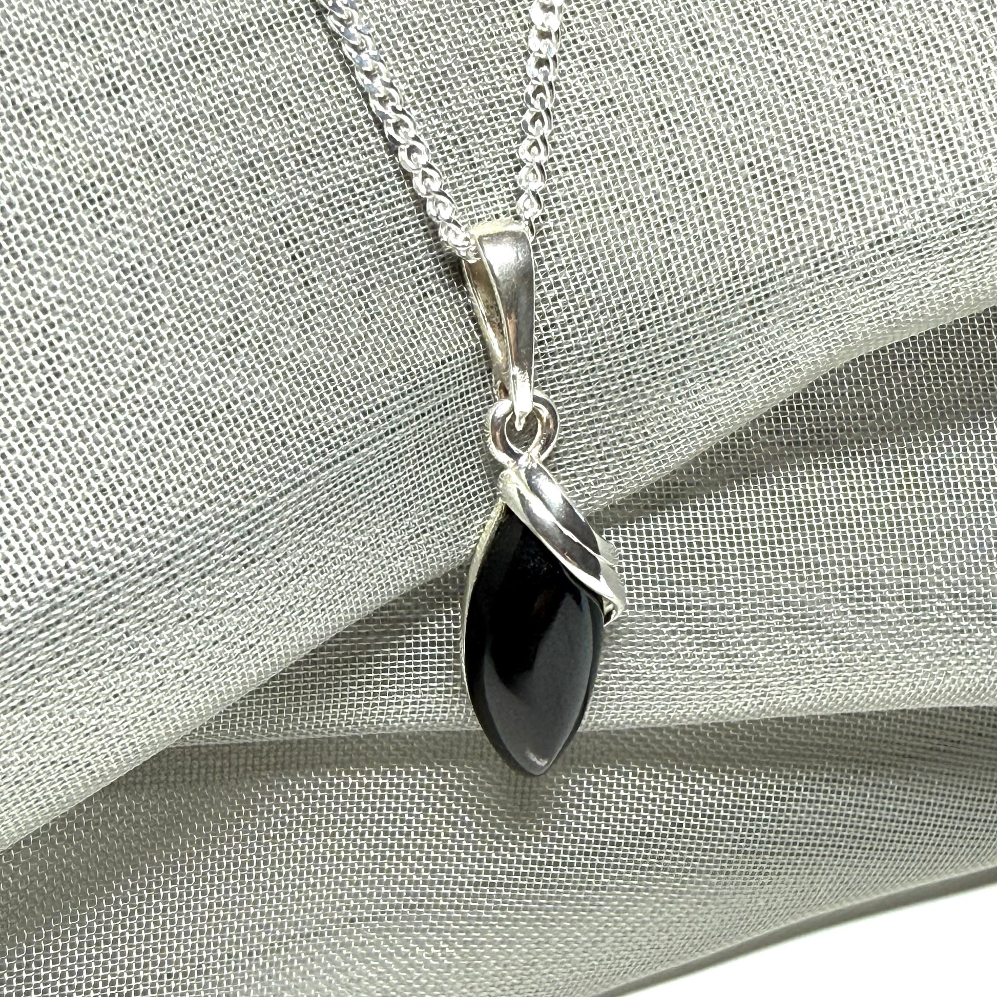 Pendant real black jet marquise shaped sterling silver necklace