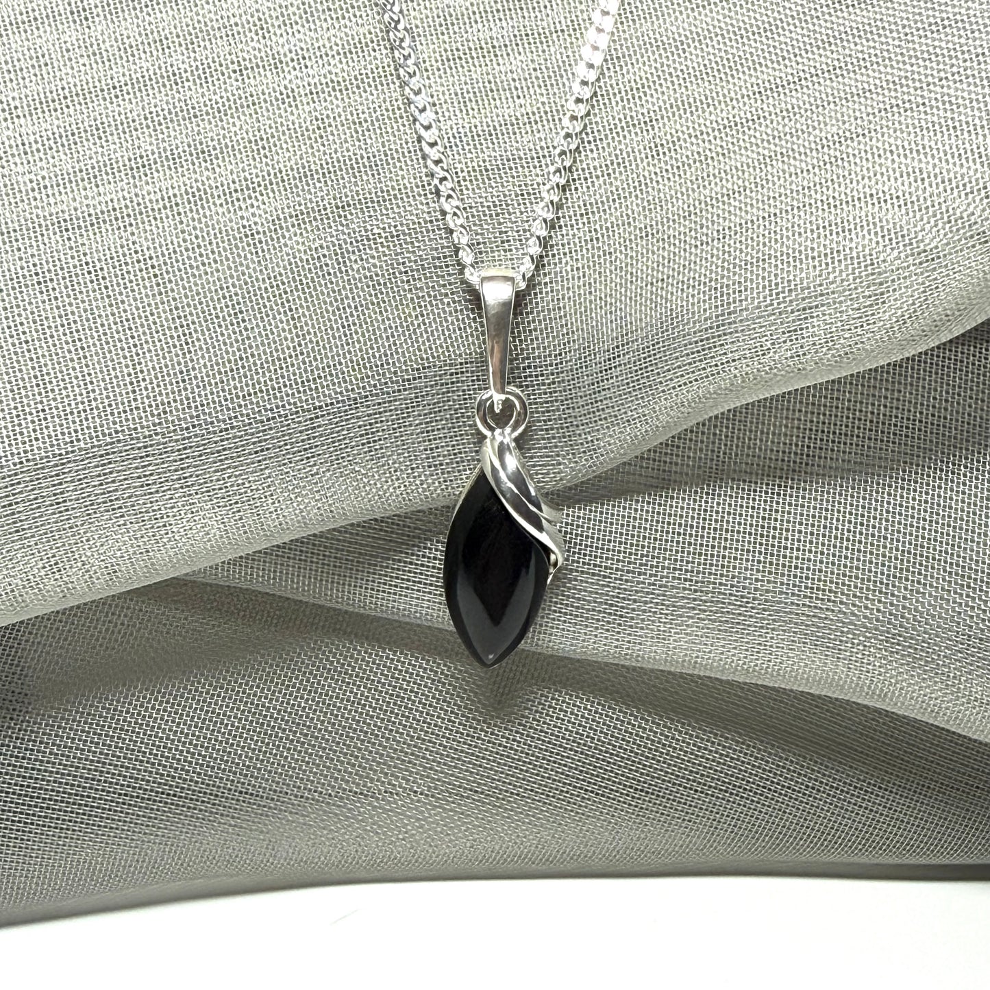 Pendant real black jet marquise shaped sterling silver necklace with chain