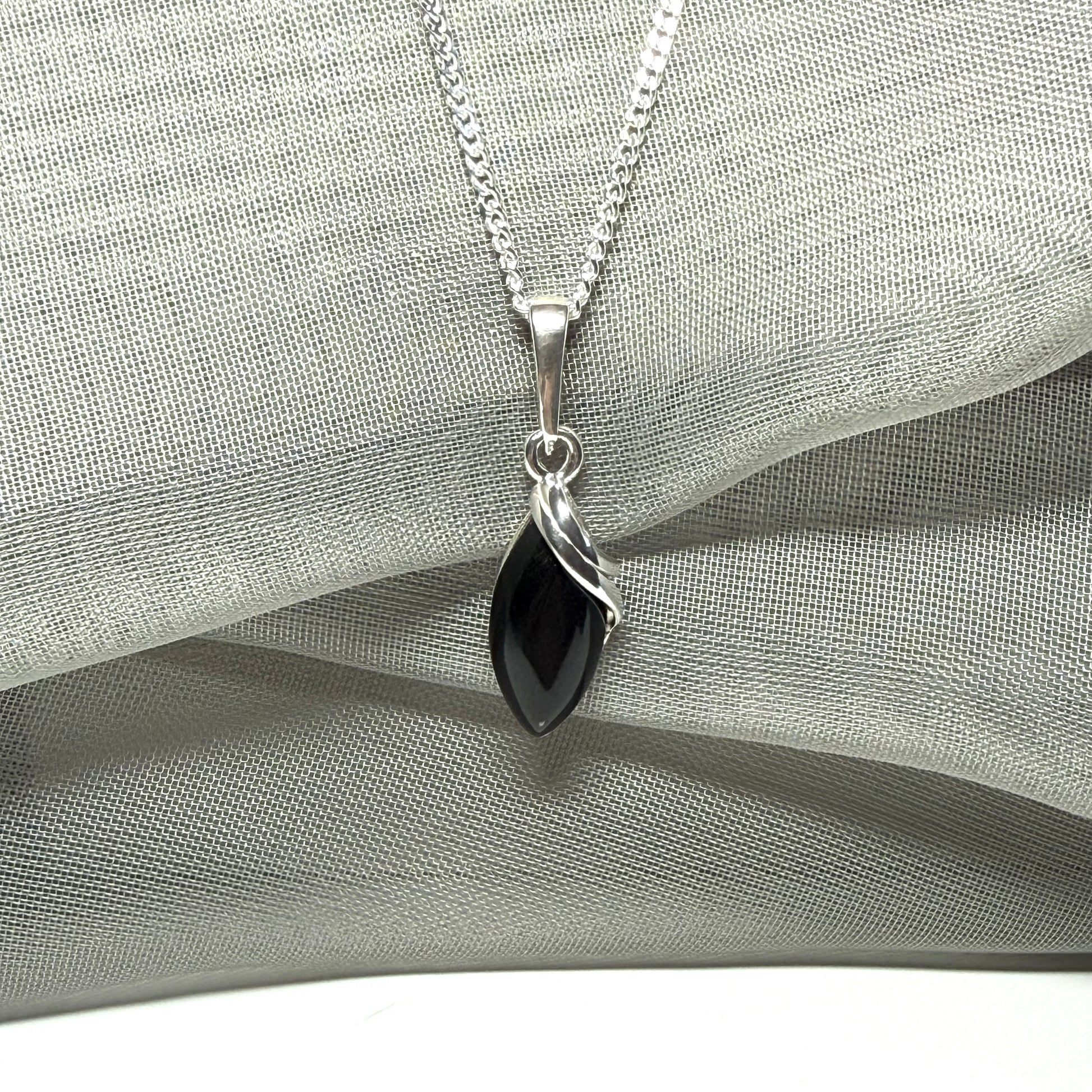 Pendant real black jet marquise shaped sterling silver necklace with chain