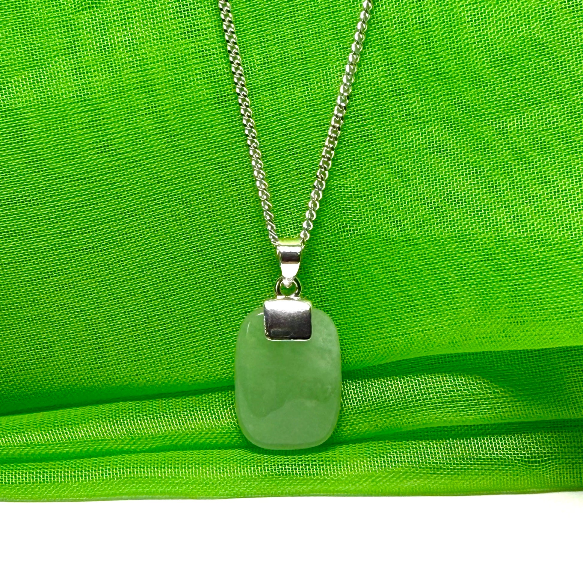 Pendant real cushion shaped green jade necklace sterling silver with chain