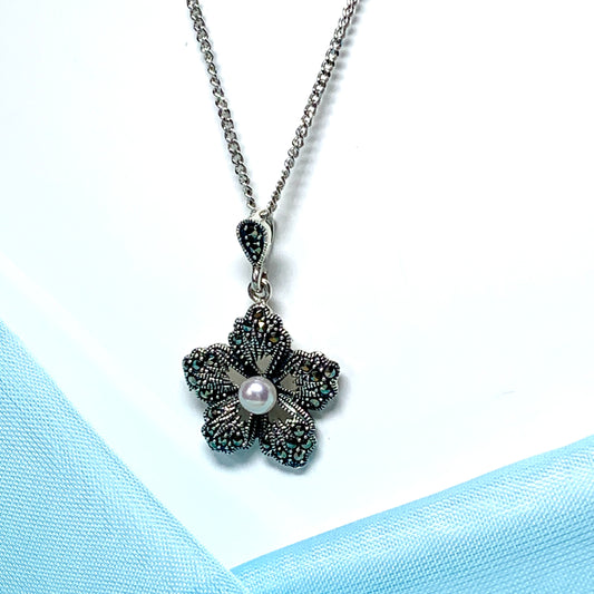 Pendant real marcasite and real freshwater cultured pearl flower necklace shaped sterling silver
