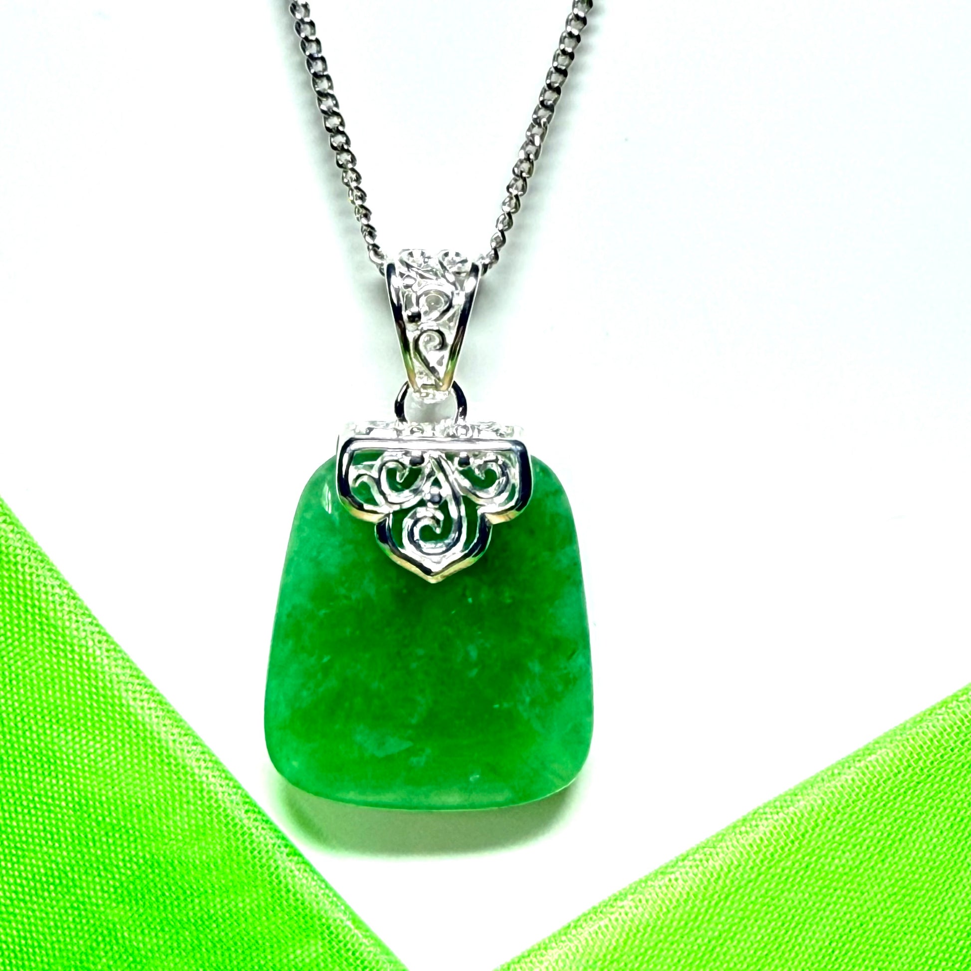 Pendant with a real dark green jade stone, large cushion shaped necklace