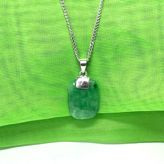 Pendant with a real green jade sterling silver cushion shaped necklace, including a chain