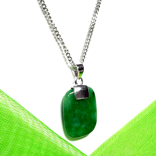 Pendant with a real green jade sterling silver cushion shaped necklace, including a chain