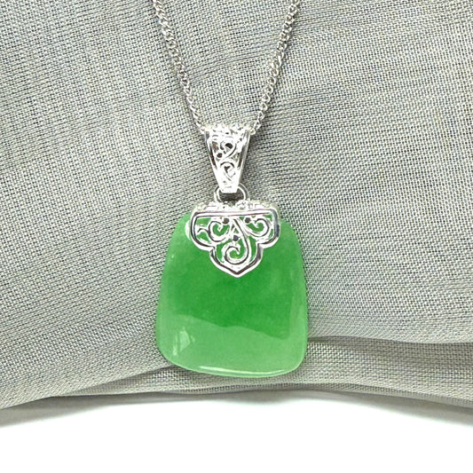 Pendant with a real green jade stone, large cushion shaped necklace with a chain included